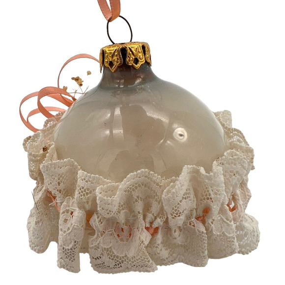 Decorative Ornaments Peach Glam Ribbon Lacy Frosted Ball Heart Roses Clear Glass - Picture 10 of 13